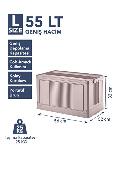 Lavine ”LARGE” Portatif Organizer Kasa 55 LT Kapaklı, Katlanır, İstiflenebilir Çok Amaçlı Depolama Kutusu