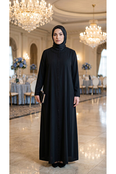RABİA Büyük beden şık düğünlük işlemeli siyah abaya/pardesü