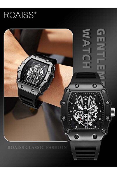ROAISS Mens Rubber Strap Quartz Watch Analog Barrel Shaped Dial Skeleton Mech...