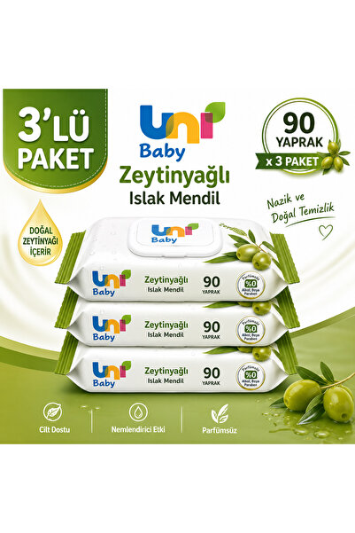 Uni Baby Zeytinyağlı Islak Mendil, 90 Yaprak x 3 Paket, Cilt Dostu Temizlik