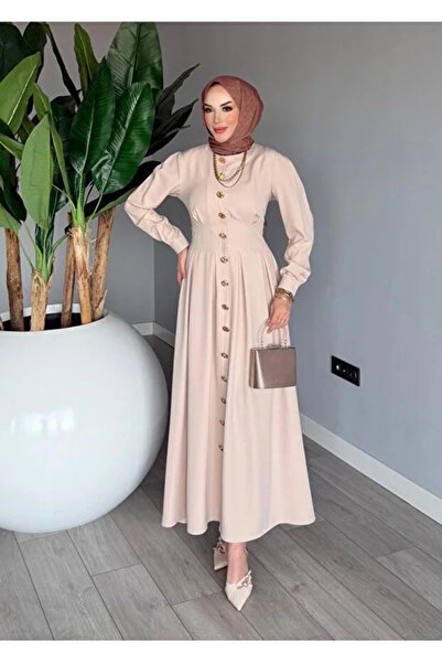 BETES فستان نسائي أنيق بلون الحجر من قماش الكريب دابيل كريب موديل أسل