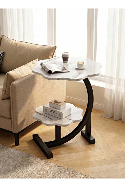 Taimi 2-Tier C-Shaped Side Table - Table With Wooden Top and Metal Frame, Whi...