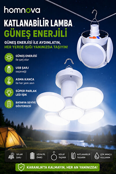 Homnova Katlanabilir Solar Kamp Lambası USB Şarjlı 5 Panelli LED Kamp Feneri ...