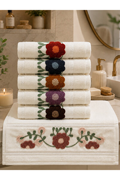 AYHANHOME طقم مناشف وجه مطرزة يدويًا 6 قطع مقاس 50x90