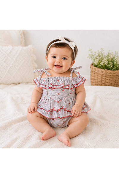 MİNİKİNCİBABY Kız Bebek %100 Pamuk Poplin Fırfırlı Kiraz Romper/Elbise