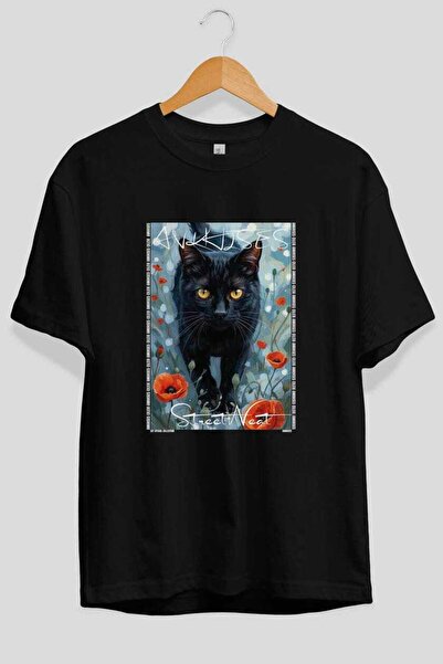 Ankhises For the Love of Cats 60 Front Cat Printed Black Oversize T-Shirt 100...