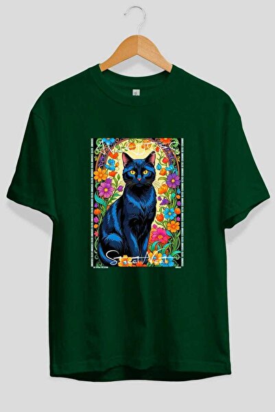 Ankhises For the Love of Cats 8 Front Cat Printed Green Oversize T-Shirt 100%...