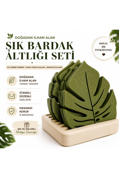 Yaprak Tasarımlı Bardak Altlığı Seti Standlı Dekoratif Ahşap Görünümlü Masa Koruyucu 6'lı