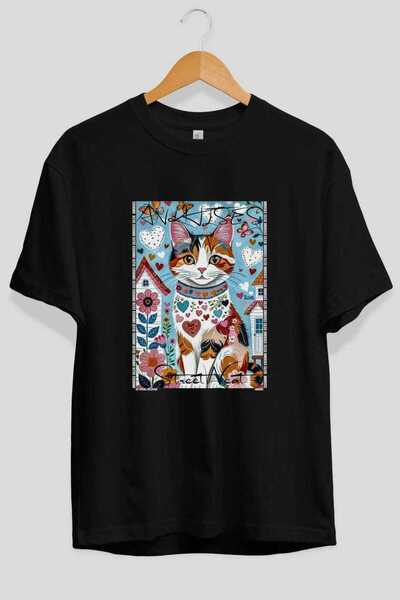 Ankhises For the Sake of Cat Love 102 Front Cat Printed Black Oversize T-Shir...