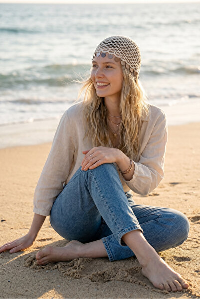 Handmade Gosessa Women's Hand Knitted Sequin Bohemian Bandana - Mesh Knitted Beach Hair Accessory - Cream Brown