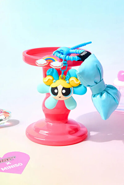 Miniso سلسلة مفاتيح مرخصة من Powerpuff Girls على شكل زهرة مزينة بالخرز وقوس م...