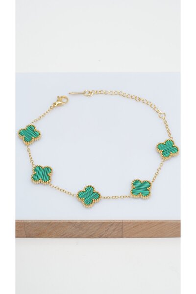 Zuum Accessories 14K , Gold Renginde Yeşil Taşlı Yonca Bileklik , Çelik Bileklik