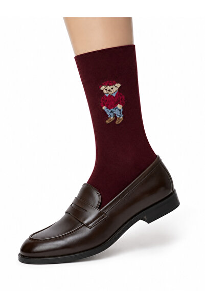 NO BRAND Ayıcık Desenli Bordo Unisex Soket Çorap