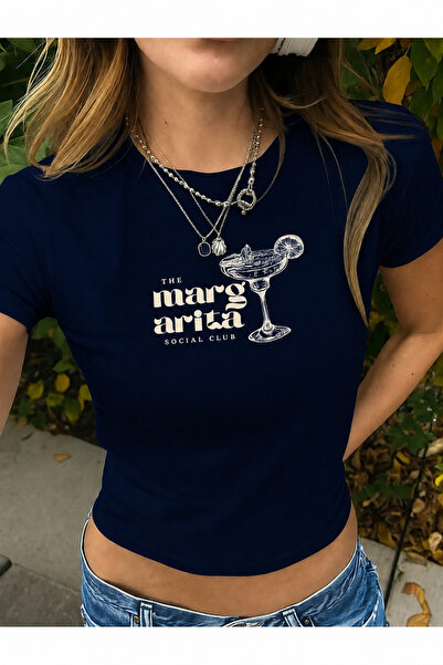 PALPİTO Γυναικείο μπλουζάκι με στάμπα Navy Blue Margarita Club με λαιμόκοψη π...