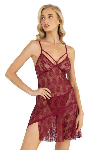 ahu lingerie Ženska kratka noćna haljina od tila sa detaljima ovratnika od užeta