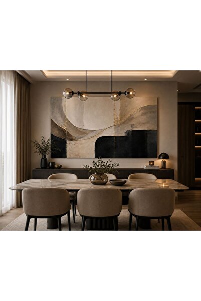 walliva Modern Siyah Bej Soyut Geometrik Tablo – Çerçevesiz Premium Kanvas Du...