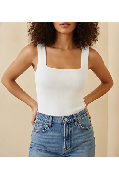 shopidik Women's White Square Neck Body-Hugging Ribbed Basic Athlete Blouse