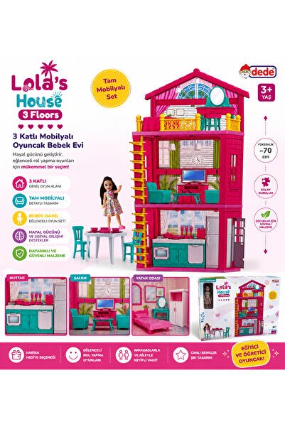 Genel Markalar Lola’s House 3 Katlı Mobilyalı Oyuncak Bebek Evi ve Bebek Seti