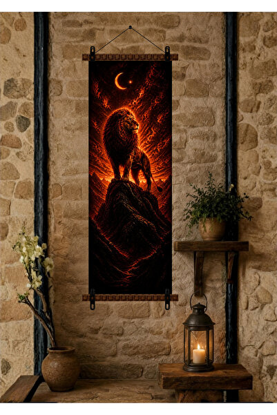 Aslan Temalı Premium Askılı Duvar Posteri – Masif Ahşap Çubuklu ve Metal Mandallı 30x90 cm