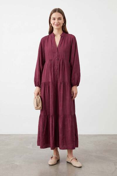 Soul Kadın Hakim Yaka Maxi Elbise - 32528ELB - BURGUNDY