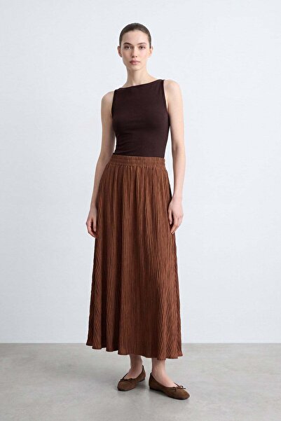 Puane Kadın Cep Detaylı Piliseli Uzun Etek - 18308ETK - BROWN