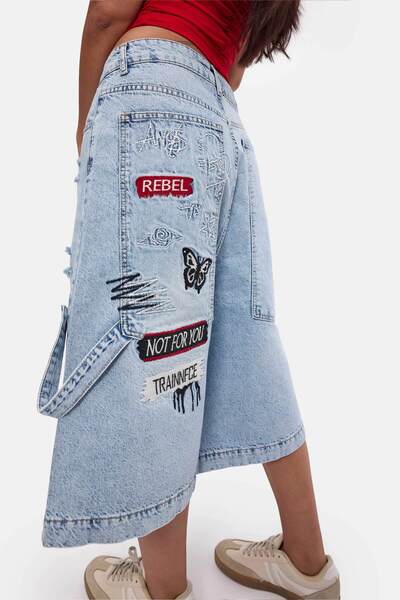 it's basic Kadın Kot Rengi 12s6-3 Tasarım Baggy Bermuda Denim Şort