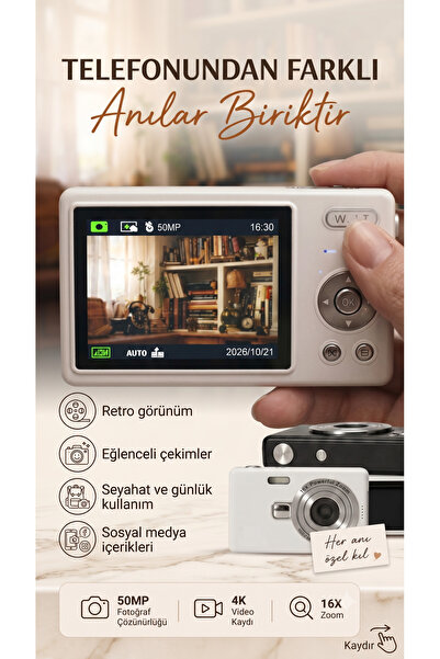 FaroxTech Retro Dijital Fotoğraf Makinesi 50MP Fotoğraf Çözünürlüğü 2.7K Video 16X Zoom LED Işıklı Vlog Kamerası