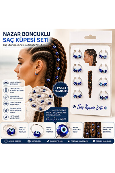 SÇ PERUK Nazar Boncuklu Saç Küpesi Seti 9 Çift Saç Halkası Afrika Örgüsü Drea...