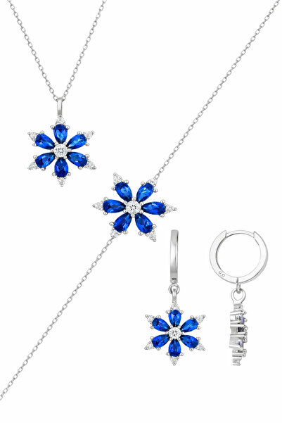 Bilsen Store 925 AYAR GÜMÜŞ ZİNCİRLİ LACİVERT TAŞLI LOTUS SET HEDİYELİK