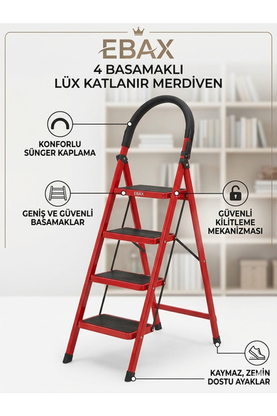 Ebax Lüx 4 Basamaklı Katlanır Ev ve Ofis Merdiveni - Sağlam Metal Gövde, Geni...