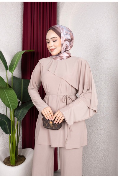 MODAMÜNASİP Wonderful Sandy Cape Detailed Belted Suit