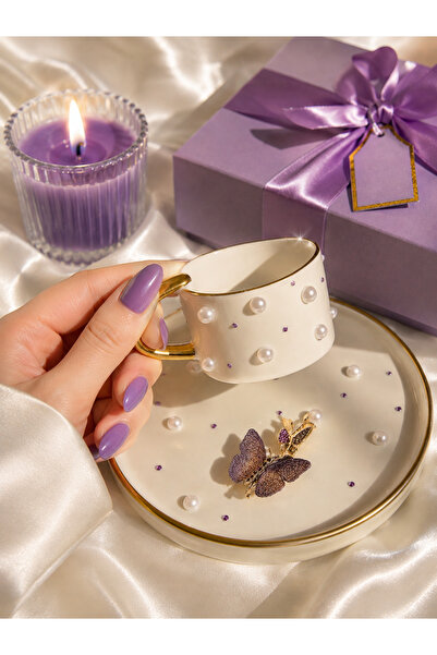 luxurychampagnetr Edora Casa Special Design Turkish Coffee Cup with Pearl Det...