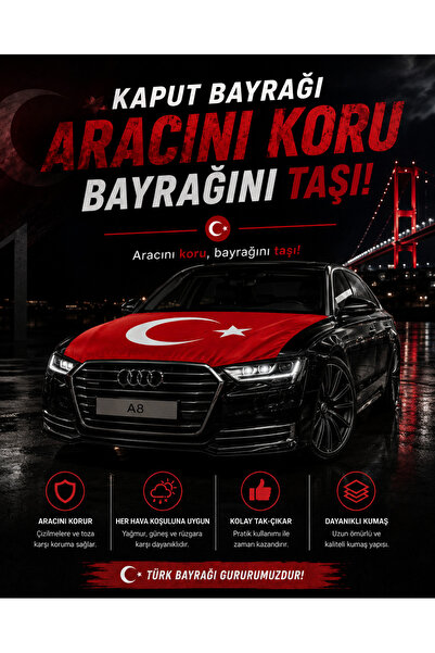 colizon Türk Bayraklı Araç Kaput Bayrağı Örtüsü Elastik Kumaş Oto Kaput Koruyucu