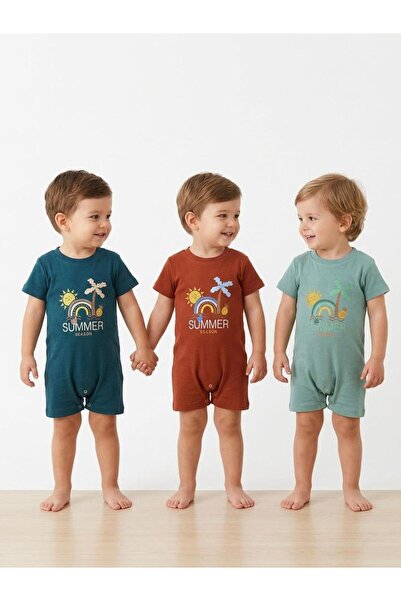 babykugu Unisex Bebek Kaşkorse Summer Baskılı Kısa Kollu Tulum 3'lü Paket