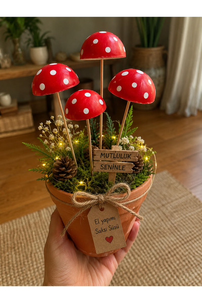 YASMELLA HOME 🍄 El Yapımı Kırmızı Mantar Saksı Süsü – 4’lü Set