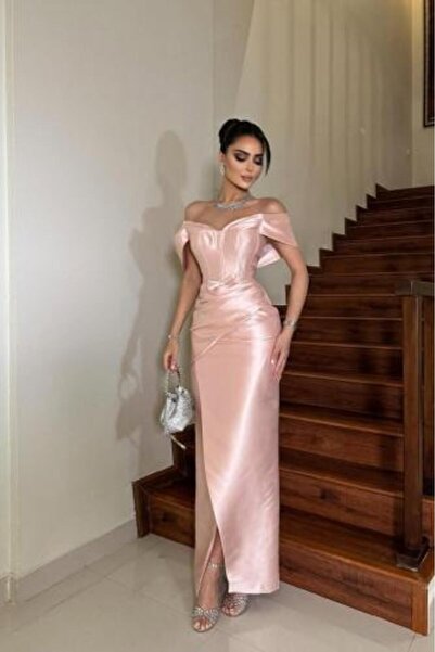 BASMA FASHION فستان سهرة بدون أكتاف مع فتحة أمامية، لون وردي
