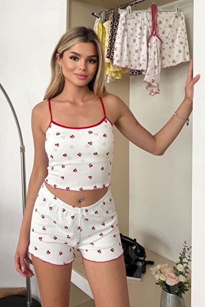 GİYSA Women's Strappy Covered Cherry Patterned Shorts Pajama Set White Red - ...