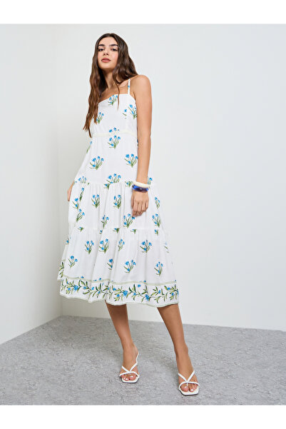 Styli Cream Floral Strappy Tiered Midi Dress