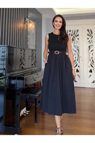 Atelier Derin Black Sleeveless Belted Dress with Pockets