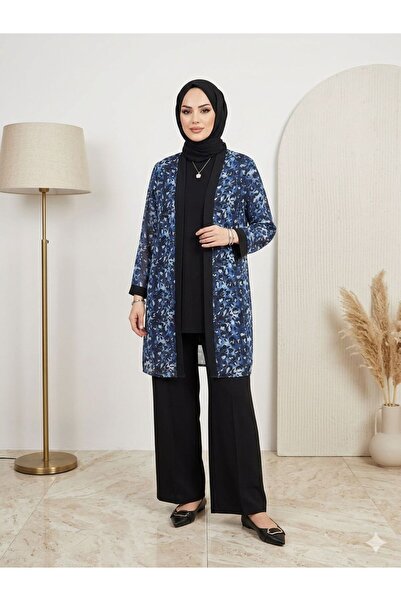 wishne Women's Patterned Chiffon Kimono and Tunic Hijab Set - Black Double Se...