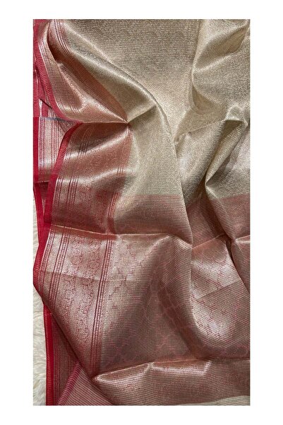 Silk Nagri Banarasi Semi Tanchoi Silk Saree Cream & Red Contrast with Brocade Zari Work & Contrast Brocade Blouse