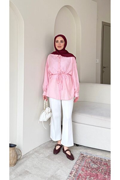 Moda Aydın Butik Kadın Tesettür Belden Bağlamalı Tunik Gömlek - Pembe