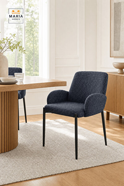 MARIA HOMES Blue Upholstered Dining Chair with Black Metal Legs, Modern Accen...