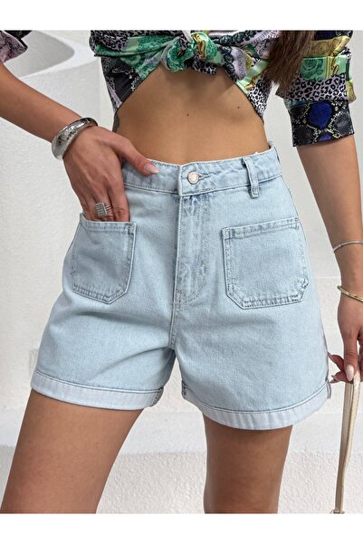 XBELLA DENİM Sort Open Blue Pants with Front and Back Pocket Details, Folded Hem