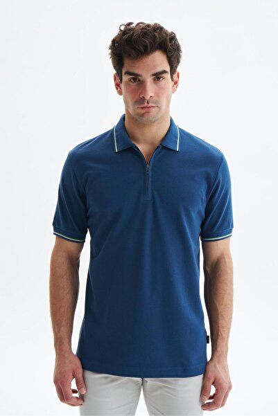Arma Men's Indigo Regular Fit Basic 100% Cotton Pique Zippered Polo Collar T-...