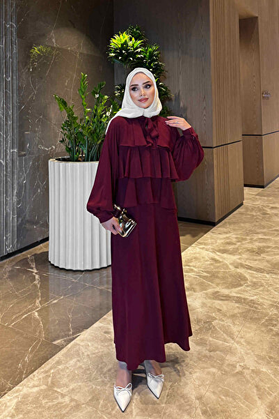 İmajButik Burgundy Collar Tie-Down Layered Skirt Suit