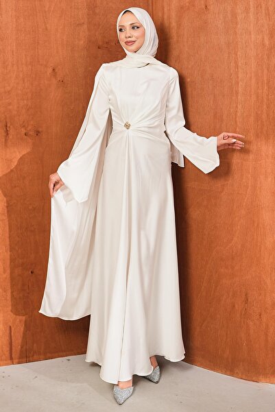 İmajButik Ecru Draped Satin Evening Dress with Cape on the Front