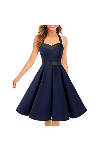 OEM Rochie midi de cocktail pentru femei Retro anii ’50 vintage bleumarin XL