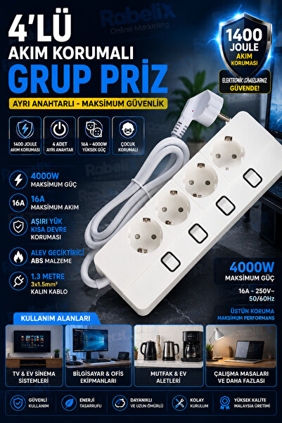 Rabelix Online Marketing 4’lü Akım Korumalı Grup Priz Ayrı Anahtarlı 16A 4000...