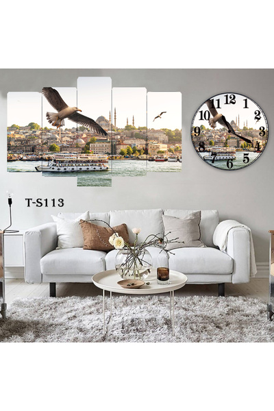 BellaaaModa Istanbul temalı Dekoratif Desenli Mdf Tablo 5 Parça Set ve Saatli...